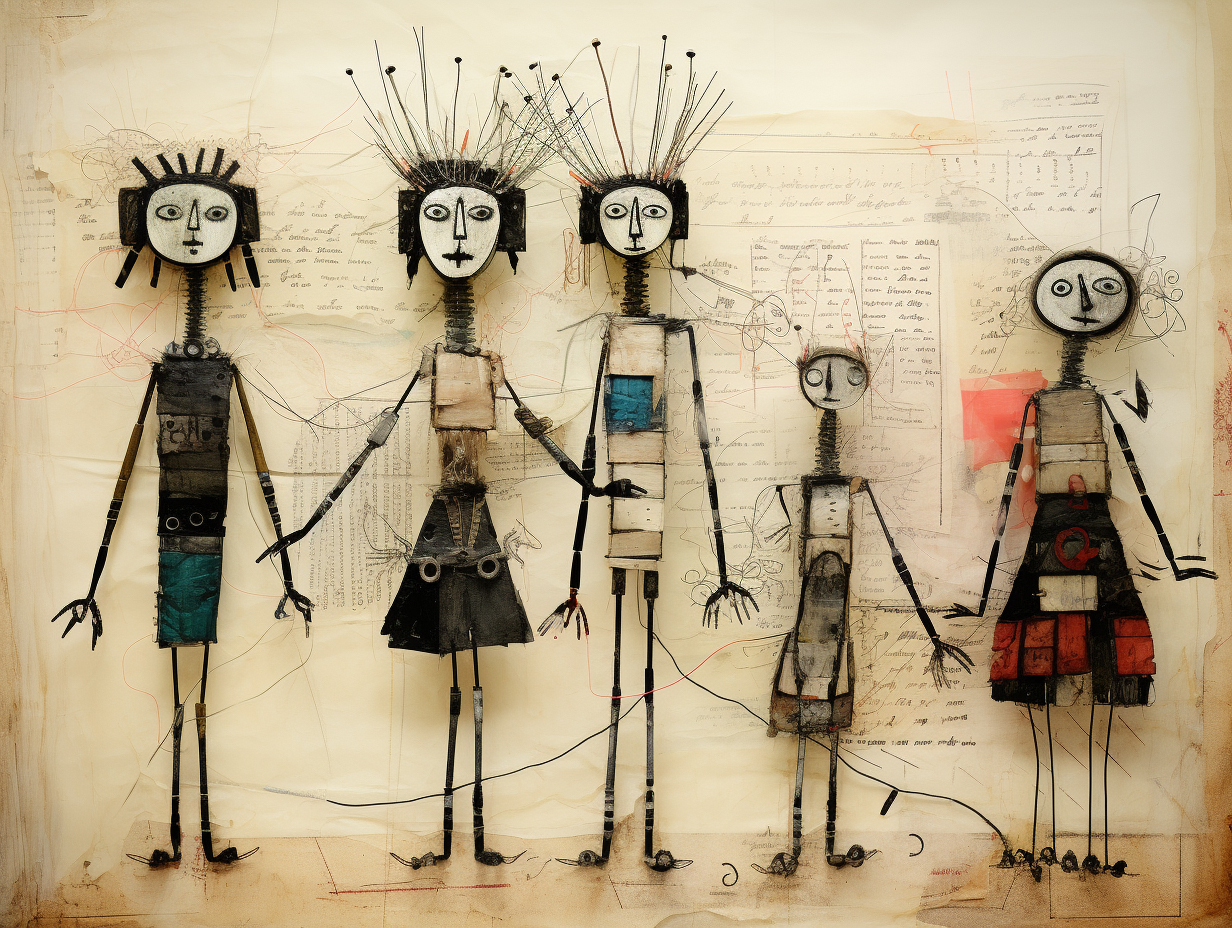 Row of handmade dolls against a wall of instructions (AI-generated)